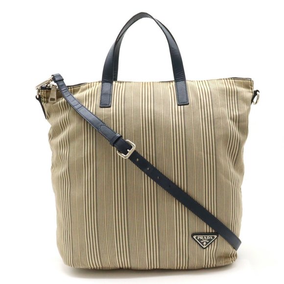 PRADA Prada Tote Bag Handbag Shoulder Stripe Canvas Leather Beige Purchased at a - Picture 1 of 10